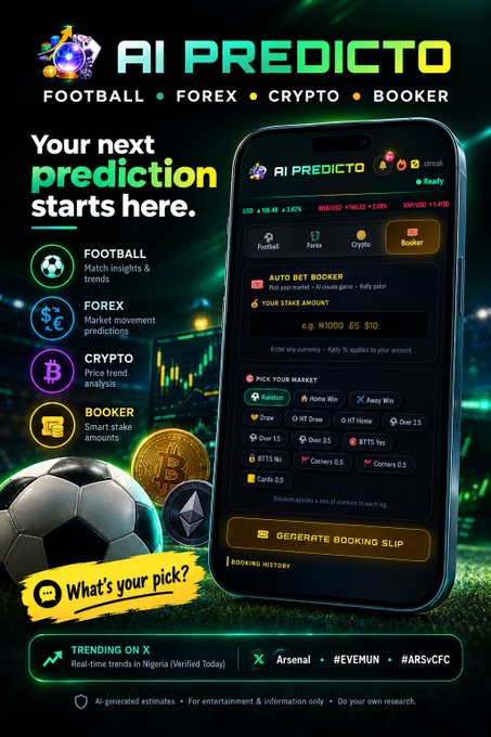 An advertisement for 'AI PREDICTO' featuring football, forex, crypto, and booker predictions, with trending topics including 'Arsenal', '#EVEMUN', and '#ARSvCFC'.