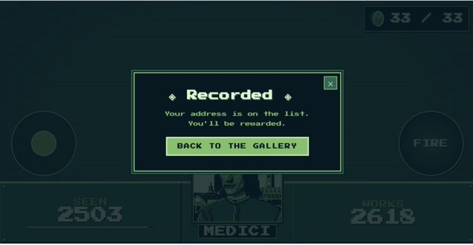 A video game interface shows a 'Recorded' notification with the message 'Your address is on the list. You'll be rewarded,' featuring a 'BACK TO THE GALLERY' button, with stats for 'SEEN 2503' and 'WORKS 2618' visible below.