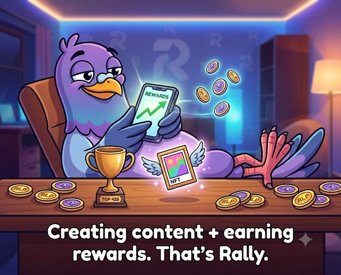 A cartoon purple bird holds a phone displaying a 'REWARDS' chart with an upward arrow, surrounded by coins and an NFT trophy, with text reading 'Creating content + earning rewards. That's Rally.'