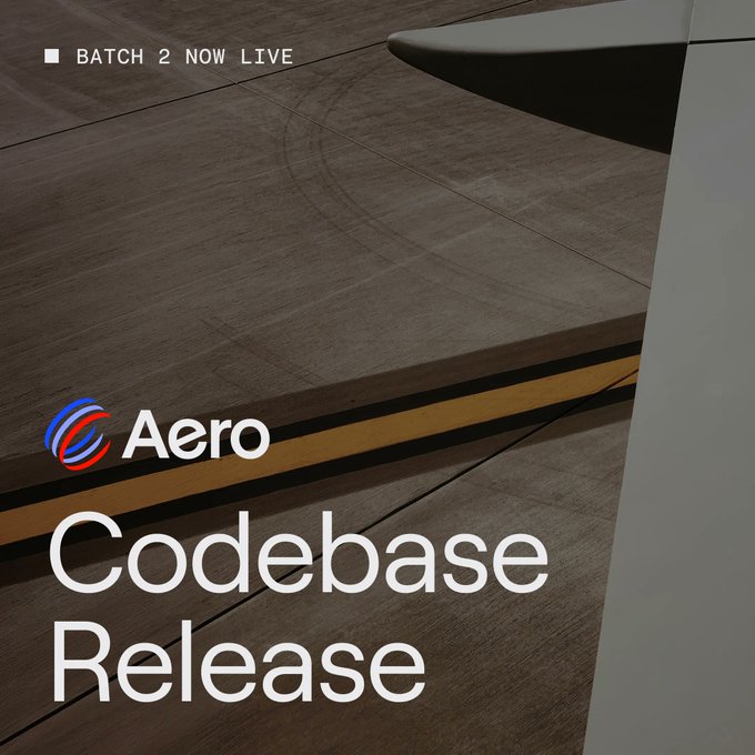 A promotional graphic for "Aero Codebase Release" showing an airplane wing over a runway, with "BATCH 2 NOW LIVE" displayed in the corner.