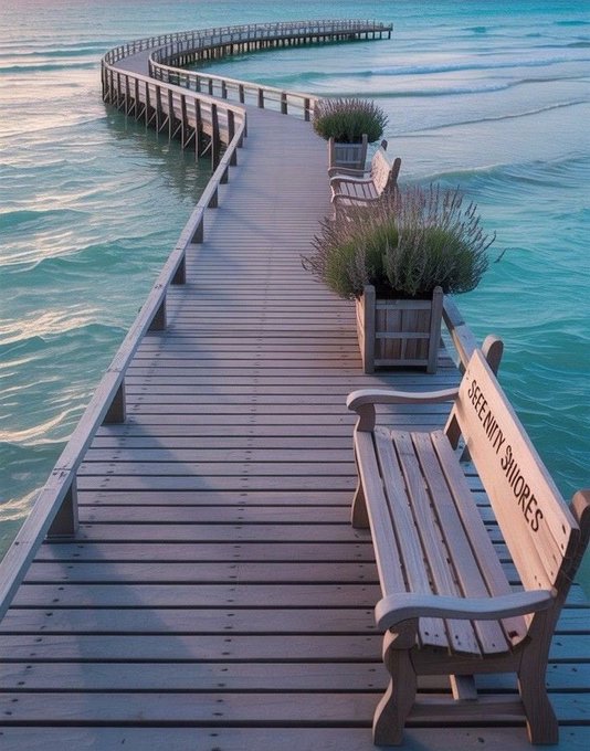 A wooden pier labeled "SERENITY SHORES" curves over turquoise water, featuring benches and planters with lavender along its length. The peaceful seaside scene complements the post's message about ongoing building efforts with @quipnetwork and @TheARCTERMINAL, evoking a sense of calm progress.