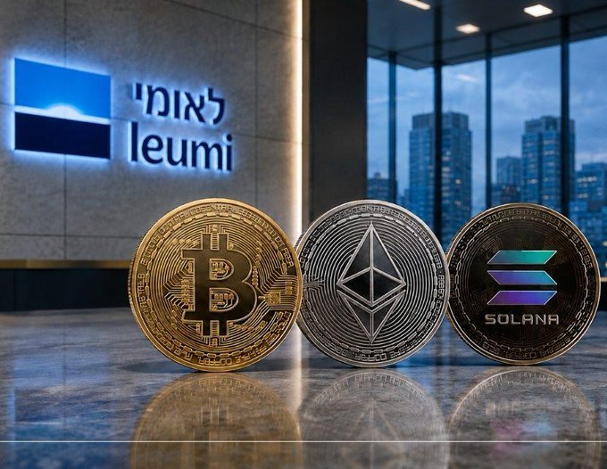 Three physical cryptocurrency coins—Bitcoin (orange), Ethereum (silver), and Solana (dark with gradient logo)—are displayed on a reflective surface in front of the Bank Leumi "לאומי" logo, symbolizing the Israeli bank's new partnership with Galaxy Digital to offer crypto trading through its banking app in early 2027.