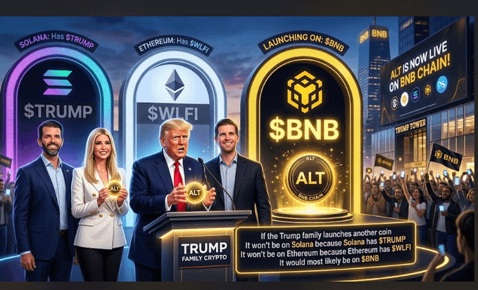 A satirical AI-generated illustration depicting a Trump family crypto launch, comparing $TRUMP on Solana and $WLFI on Ethereum to a new '$BNB' altcoin.