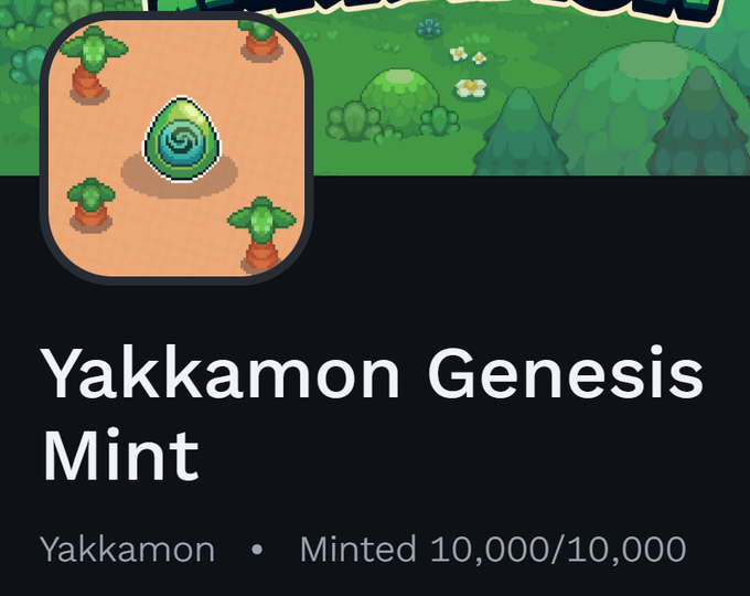 A digital collectible card titled 'Yakkamon Genesis Mint' showing a blue spiral creature on a sandy background with small cacti, labeled as minted 10,000/10,000.