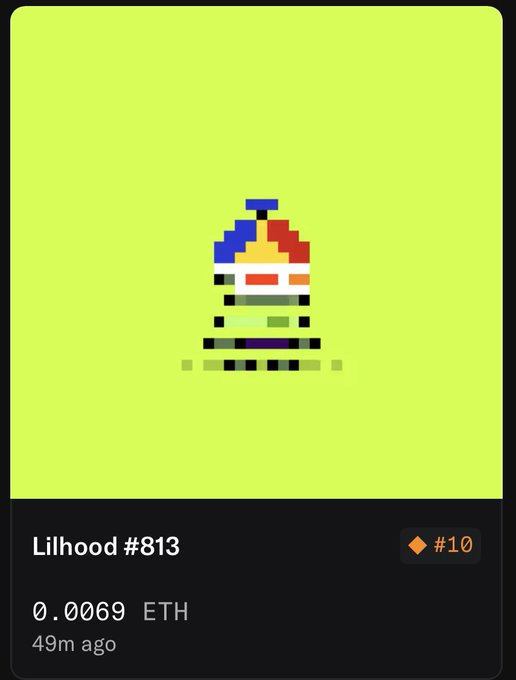 A pixel art NFT titled 'Lilhod #813' priced at 0.0069 ETH, listed 49 minutes ago, featuring a stylized character on a green background.