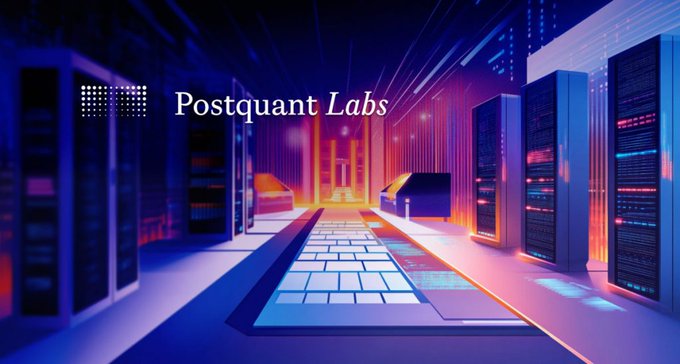 A futuristic digital illustration of a server room corridor with blue and orange neon lighting, featuring the text 'Postquant Labs' and a dotted logo in the upper left.
