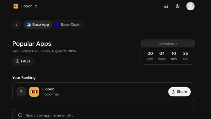 A screenshot of the Floorr website's "Popular Apps" ranking page displays "Flooorr" at rank 7 with a countdown timer showing 4 hours remaining, which corresponds to the contest mentioned for guessing the worldwide ranking position in 4 hours.