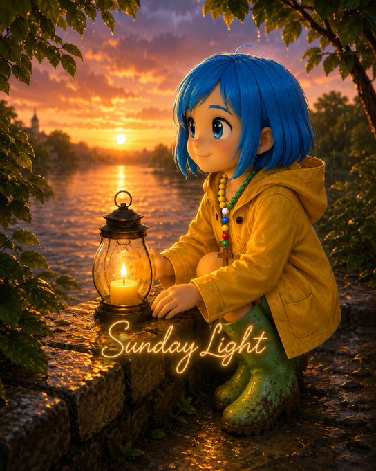 An anime-style illustration of a blue-haired character in a yellow raincoat and green boots sitting beside a glowing lantern by water at sunset, with the text "Sunday Light" displayed.