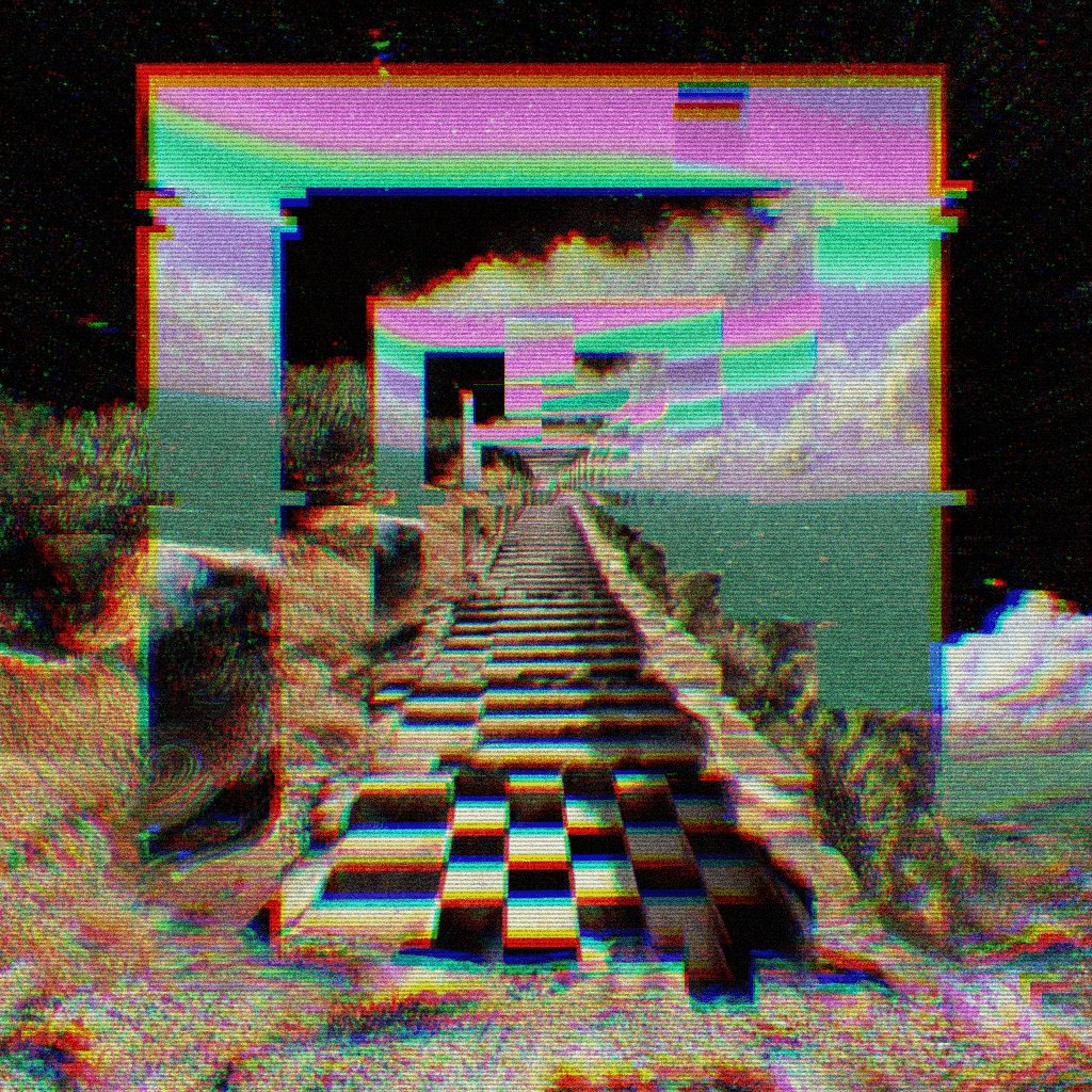 The image features a large, colorful painting of stairs leading up to a building with a green roof. The painting has a fuzzy appearance due to the use of a filter or projector that creates an artistic effect. The text "Gates XC" is also present in the image.