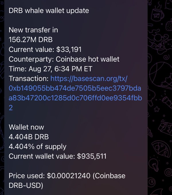 A whale wallet received a new transfer of 156.27M DRB from Coinbase hot wallet on Aug 27, bringing total holdings to 4.404B DRB (4.404% of supply) worth approximately $935,511. The accompanying post suggests DRB could mirror $SHIB's massive rally from 20M to 50B market cap, framing this whale accumulation as an early accumulation phase similar to the breakout moment.