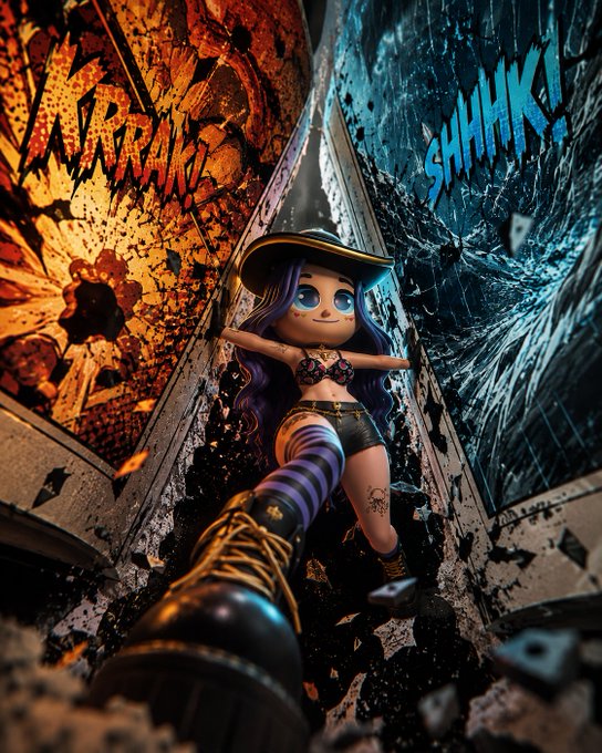 A stylized digital illustration depicts a cartoonish female character with purple hair, a hat, and combat boots stepping forward amid shattered debris, with comic-book style 'KRAK!' and 'SHHHK!' sound effects on either side.