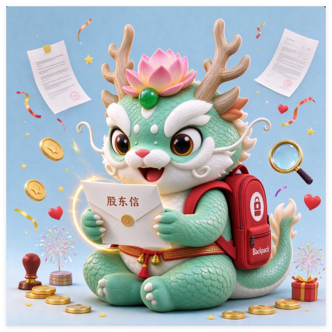 A cute green dragon character wearing a red backpack (labeled "Backpack") holds an envelope marked "股东信" (Shareholder Letter), surrounded by documents, coins, and gifts, symbolizing Backpack's rare gesture of treating crypto investors like actual shareholders.