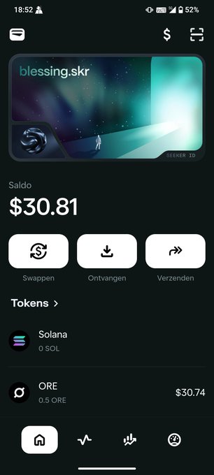 A mobile crypto wallet interface (in Dutch) showing a balance of $30.81, displaying tokens including 0.5 ORE worth $30.74, with options to swap, receive, and send.