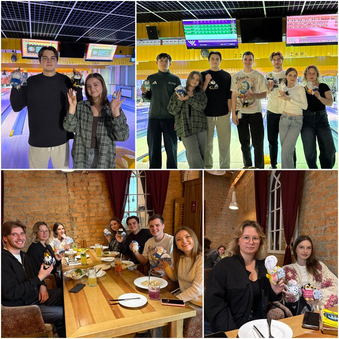 A collage of four photos showing a group of friends enjoying a bowling outing and dinner together, with people posing at a bowling alley and seated at a restaurant table.