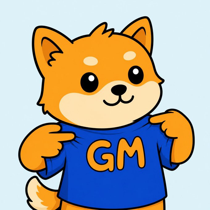 A cartoon illustration of a cute orange Shiba Inu dog wearing a blue t-shirt with "GM" printed in orange letters, pointing at the text.