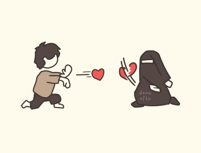 A cartoon illustration shows a boy throwing a heart at a hooded figure who deflects it, breaking the heart in two with the text 'denm aftn' on the figure's robe.