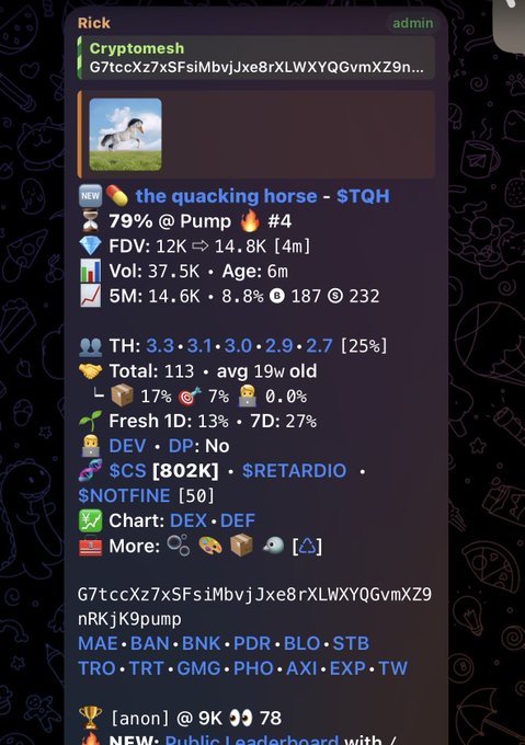 Telegram post by admin Rick about a new memecoin called 'the quacking horse - $TQH' at 79% on Pump, showing market data including FDV, volume, holder distribution, and a contract address.
