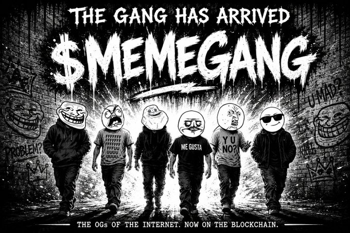 The image features a black and white poster with six cartoon faces wearing t-shirts, each representing a different meme character from the meme culture. The text "The Gang has arrived" is written above the poster, while "SEMEGANG" is below it. The poster also includes an advertisement for Bitcoin, which reads: "The og of the internet. Now on the blockchain."