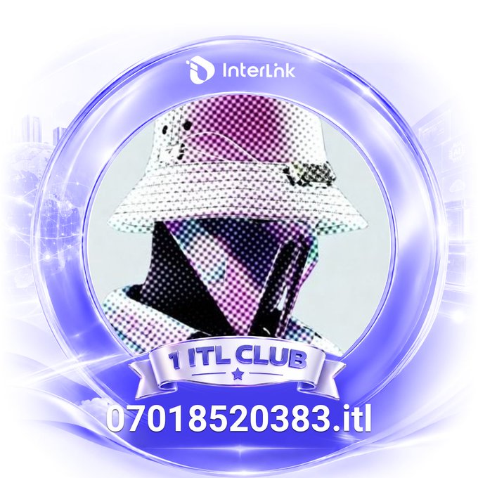 A circular promotional graphic for 'Interlink' features a halftone-styled image of a person wearing a bucket hat, with text reading '1 ITL CLUB' and the phone number '07018520383.itl'.