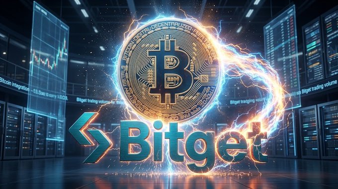 A stylized graphic featuring a glowing golden Bitcoin coin with electric effects, the 'Bitget' logo, and background server racks displaying trading volume charts.