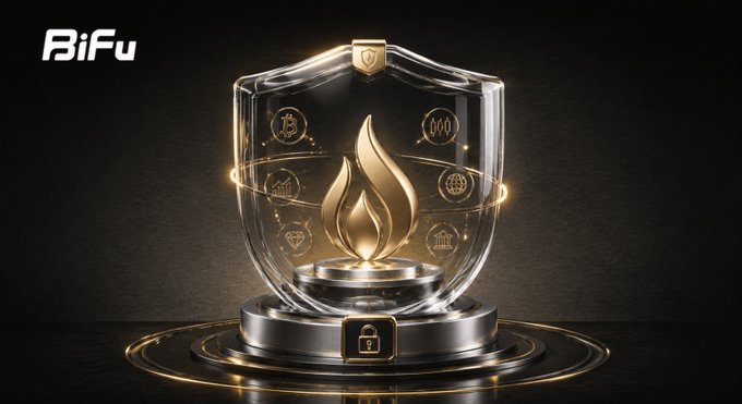 A 3D rendering shows a golden flame inside a transparent shield with a lock at the bottom, surrounded by floating financial icons, with the 'BiFu' logo in the top left corner.