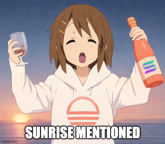 ikebana artist holds a wine glass and a bottle of soda, with the text "Sunrise Mentioned" above them.