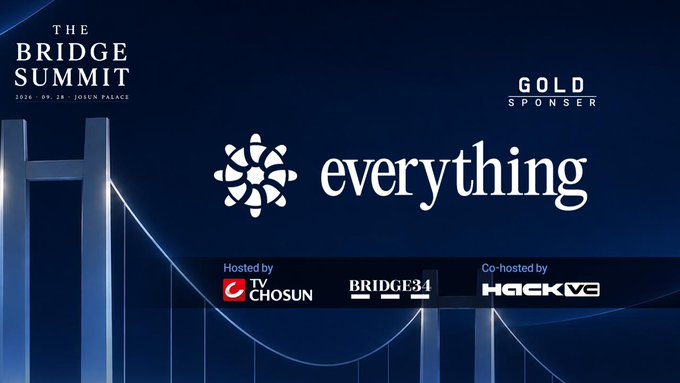 Promotional graphic for "THE BRIDGE SUMMIT" on September 28, 2024 at Josun Palace, featuring "everything" as a Gold Sponsor, hosted by TV Chosun and Bridge34, and co-hosted by HACKV3. The image's sponsor designation and event branding align with the post announcing the CEO's appearance at the Bridge34 Summit in Seoul.