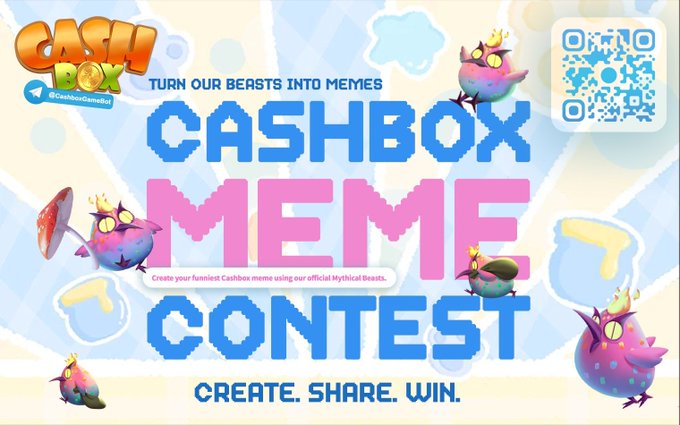 A promotional banner for the "CASHBOX MEME CONTEST" with the tagline "CREATE. SHARE. WIN." featuring cartoon bird creatures with crowns and a QR code.