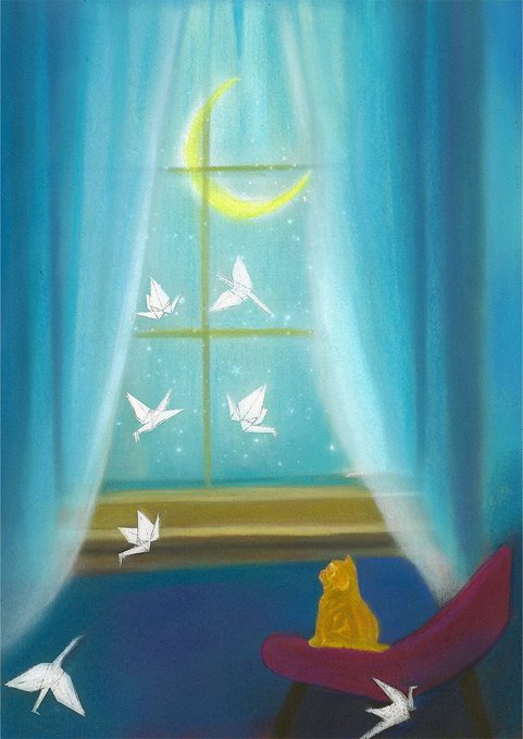 A dreamy pastel painting shows a yellow cat sitting on a red cushion, gazing out a window at a crescent moon and flying white origami cranes against a starry blue sky.