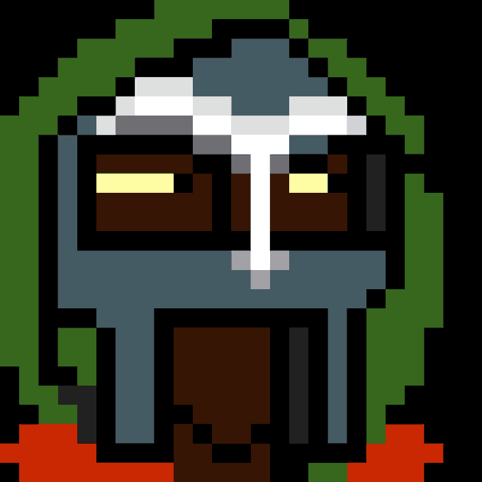 Pixel art depicting a figure with green foliage on its head, a dark mask-like face with yellow eyes, and a blue-gray body against a black background.