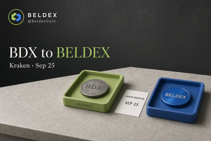 A promotional graphic for Beldex showing a 'BDX to BELDEX' migration on Kraken in Sep 25, featuring a silver 'BDX' coin in a green 'LEGACY' tray and a blue 'BELDEX' coin in a blue tray with a 'KRAKEN MIGRATION SEP 25' card between them.