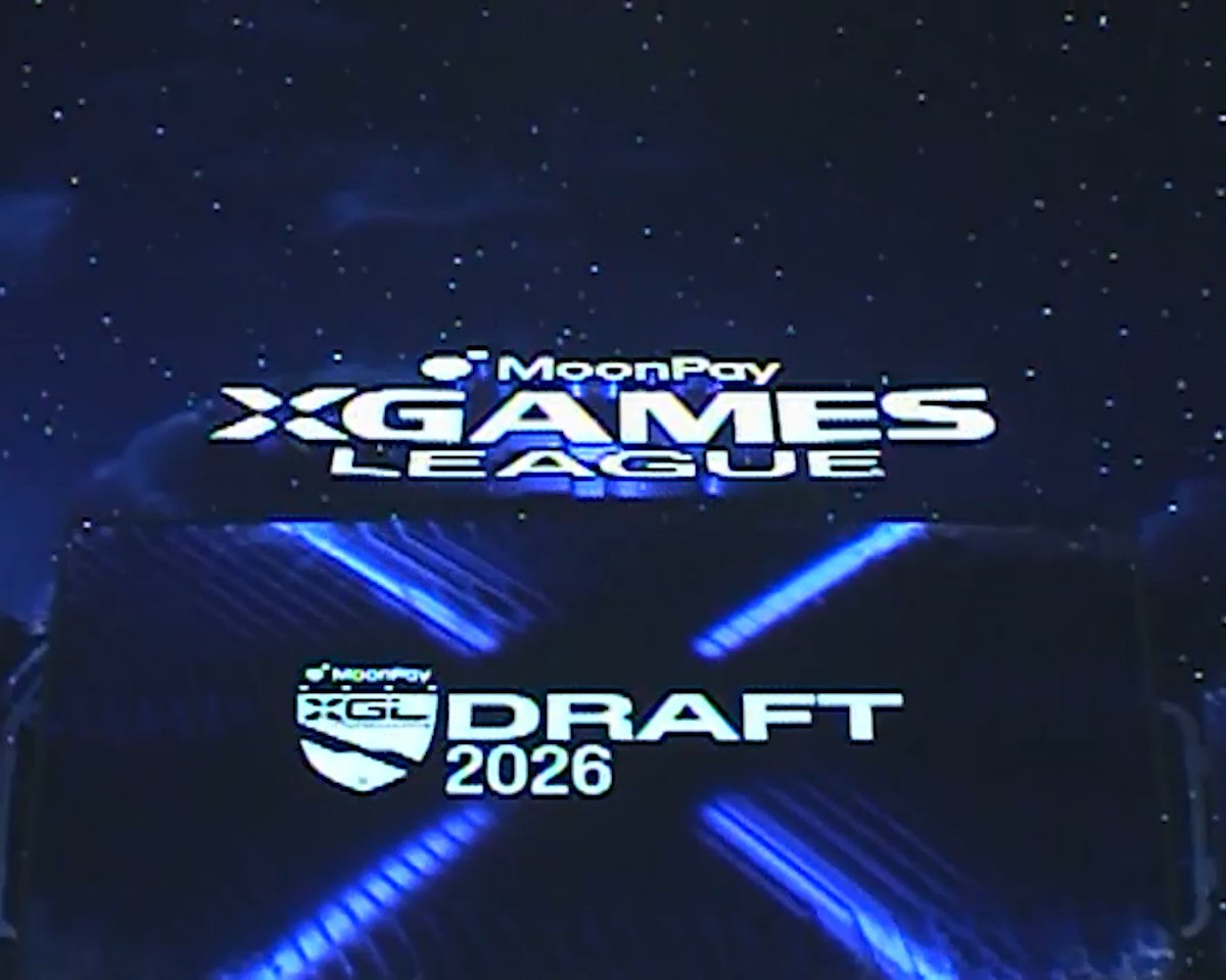 A graphic displays "MoonPay X GAMES LEAGUE" at the top and a shield logo reading "MoonPay XGL DRAFT 2026" below, set against a dark starry background with glowing blue X-shaped accents—promoting the MoonPay-sponsored X Games League draft shown on the creator's stream.