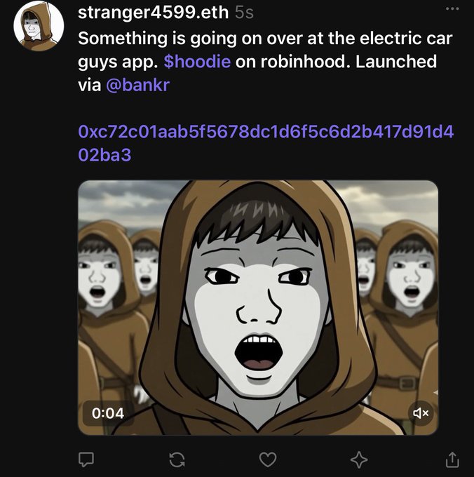 A social media post by stranger4599.eth mentions '$hoodie on robinhood' with a contract address and an animated thumbnail.