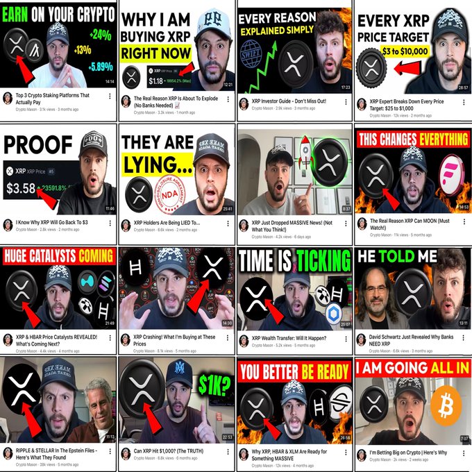 A grid of 16 YouTube video thumbnails from the channel 'Crypto Mason' featuring clickbait-style titles about XRP price predictions, staking platforms, and crypto catalysts, all marked with red arrows pointing to XRP logos.
