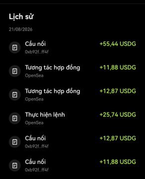 The image displays a transaction history (Lịch sử) dated 21/08/2026, showing various crypto activities including deposits (Cấu nới) and smart contract interactions (Tương tác hợp đồng) on OpenSea and Orb#2f_#4f, with USDG amounts ranging from +11.88 to +55.44. The accompanying post promotes downloading "late night with bro" tagged with @Ordinalsnfts_, suggesting this is promotional content for an NFT-related project.