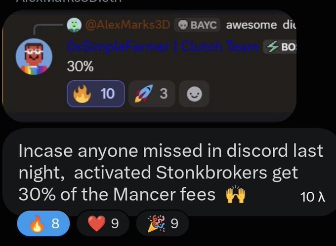 A Discord screenshot shows user **@AlexMarks3D** (BAYC, 30%) and the **0xSimpleFarmer | Clutch Team** announcing that activated Stonkbrokers receive **30% of the Mancer fees**, complete with reactions like 🔥10, 🚀3, and 🔥8, ❤️9, 🎉9 — reinforcing the post's message that StonkBrokers holders get a passive revenue share from Chain Mancer fees.