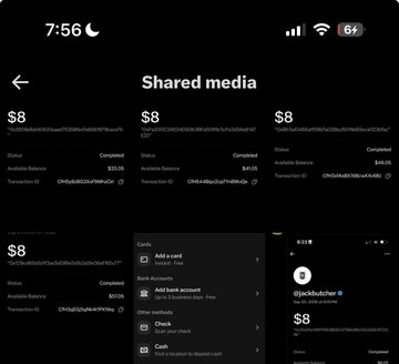 The image shows a mobile screenshot titled "Shared media" displaying multiple $8 completed transaction receipts, including addresses like "CHJG4BqBJ...'OXO9oQC" and a visible @jackbutcher profile, suggesting the user is showcasing onboarding successes of GrindX members for Jack Butcher, with each payment reflecting a successful $8 transaction.