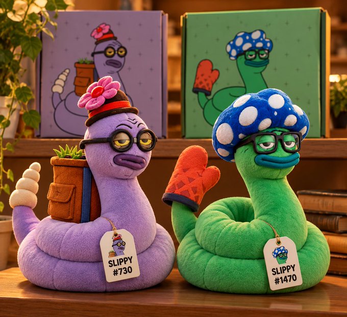 Two plush snake toys, one purple named 'SLIPPY #730' and one green named 'SLIPPY #1470', are displayed in front of their corresponding illustrated boxes.