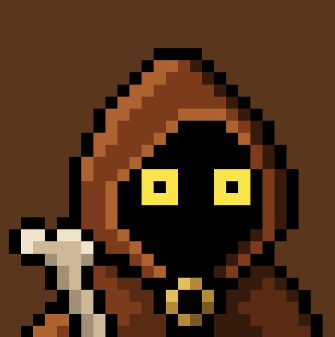 A pixel art image depicts a hooded figure with glowing yellow square eyes, resembling a Jedi, holding a white lightsaber.