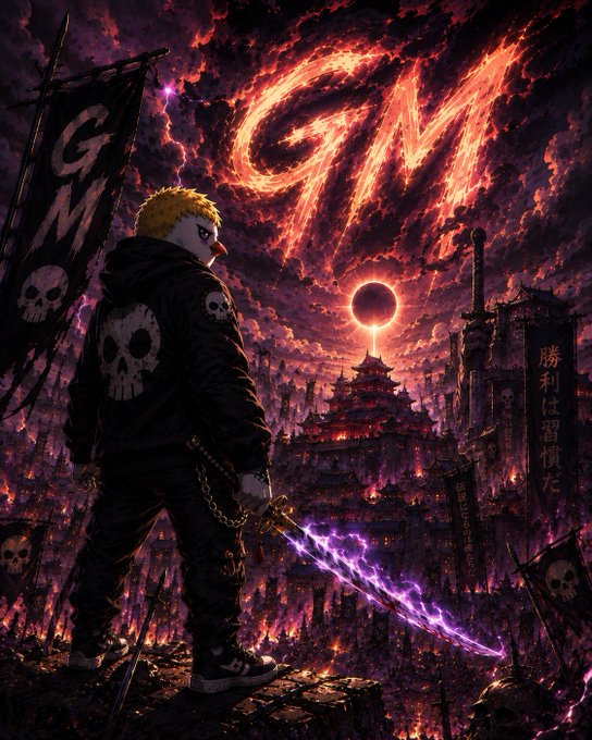 An anime-style illustration of a punk character in a skull hoodie holding a glowing purple sword, facing a dark castle under a fiery sky with the letters 'GM' prominently displayed.