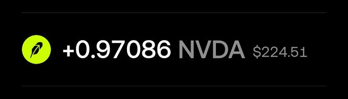 The image displays a Robinhood-style stock ticker showing NVDA (NVIDIA) up +0.97086 at $224.51, with a green leaf icon on the left. It relates to the post's claim of making "$224" with just 5 minutes of work on the Pons launchpad, using the NVDA price as a visual reference point, though the post's actual subject appears to be crypto wallet activity rather than NVIDIA stock.