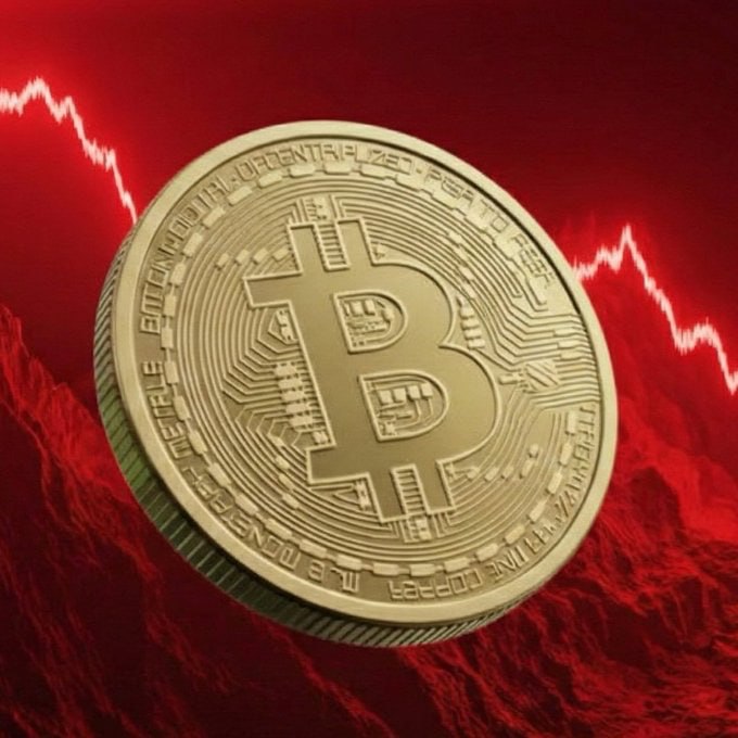 A golden Bitcoin coin floating in front of a red background featuring a downward-trending stock market chart.