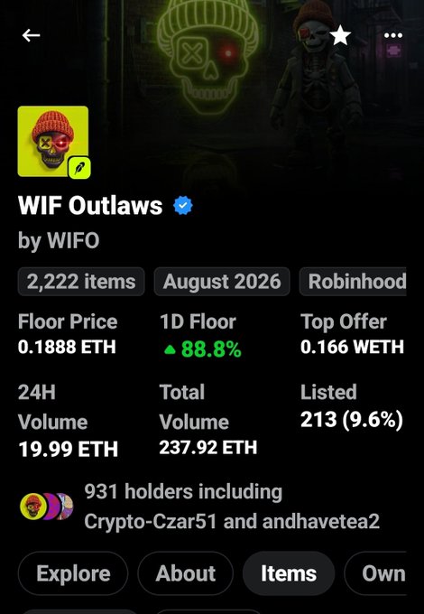 NFT collection page for 'WIF Outlaws' by WIFO showing a floor price of 0.1888 ETH, 24H volume of 19.99 ETH, and 931 holders.