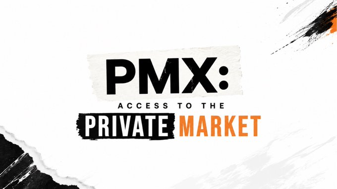 PMX logo design with tagline 'Access to the Private Market' on a white background with black and orange brush strokes.