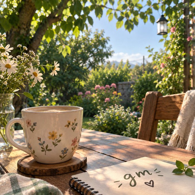 A cozy outdoor garden scene with a floral ceramic mug of coffee on a wooden table beside a vase of daisies and a notebook marked with a small heart.