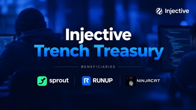 A promotional graphic with a dark blue background shows the text 'Injective Trench Treasury' and 'BENEFICIARIES', listing logos for 'sprout', 'RUNUP', and 'NINJACAT'.