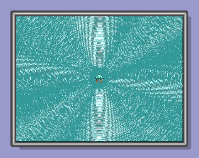A digital illustration showing a pixelated character viewed from above against a teal background with concentric white pixel patterns, displayed within a gray frame.