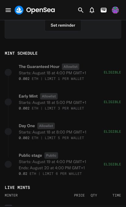 The image shows an OpenSea mint schedule for an NFT drop with four phases: "The Guaranteed Hour" (Allowlist, August 18 at 4:00 PM GMT+1, 0.002 ETH), "Early Mint" (Allowlist, August 18 at 5:00 PM GMT+1, 0.002 ETH), "Day One" (Allowlist, August 18 at 8:00 PM GMT+1, 0.002 ETH), and "Public stage" (Public, August 19 at 4:00 PM GMT+1, 0.02 ETH), with the user marked as eligible for all stages. This aligns with the post about preparing for the LSA mint by @WizardX_0x, highlighting the timeline the user is following and showing they have eligible access across the scheduled phases.