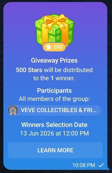 The image shows a social media post about a giveaway for stars, with a purple background and white text. The post includes a picture of a green gift box with a yellow bow, which serves as the main visual element. There are also several other images related to the giveaway, such as a group photo featuring members of the group and a list of participants who have joined the event. The post encourages people to join the group by sharing it on social media platforms or participating in the giveaway directly.