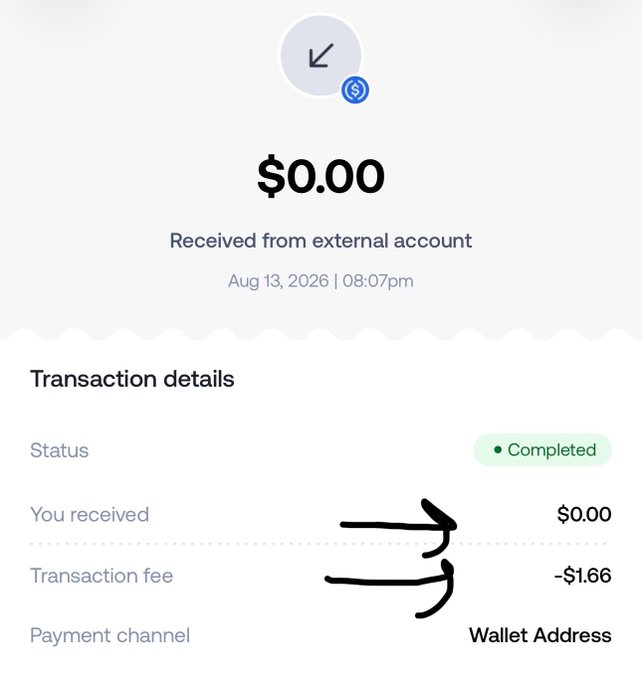 A mobile payment receipt showing a transaction of $0.00 with a transaction fee of -$1.66, featuring hand-drawn arrows pointing to the zero amounts and the fee.